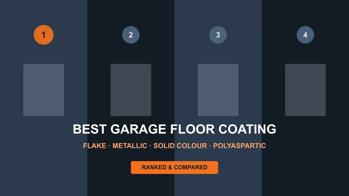 Four garage floor coating swatches ranked side by side: flake, metallic, polyaspartic and solid colour epoxy